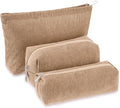 3 Pcs Makeup Bag Set for Women Corduroy Cosmetic Pouch Aesthetic Smile Travel Toiletry Bag Cute Purse Pouch Pencil Case Makeup Brushes Storage Organizer with Zipper(Khaki,Solid Style)