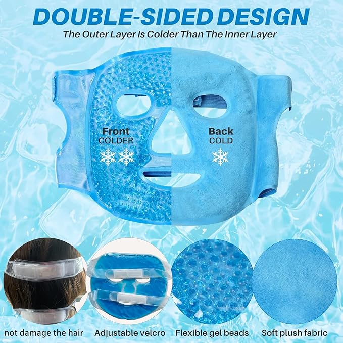 Face ICE Mask for Puffy Eyes & Dark Circles - Gel Bead Hot & Cold Compress Pack for Face, Eye Relief, Headaches, Skin Care & Post-Laser Care, Reusable & Washable (Blue)