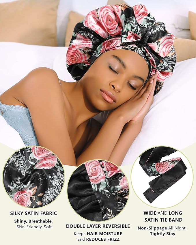 Satin Bonnet Reversible Silk Hair Bonnets for Curly Hair - Double Layer Night Cap with Tie Band - Black Pink Rose + Black