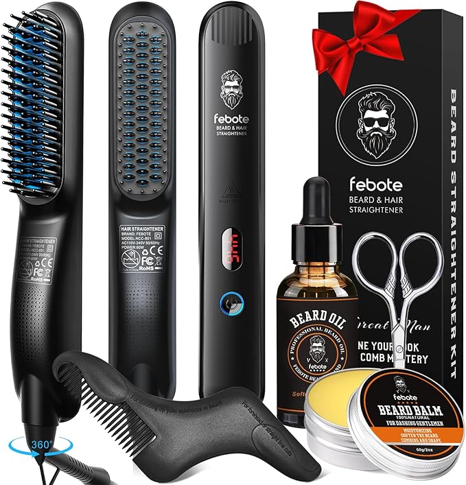 Beard Straightener Kit for Man- Heated Grooming Beard Brush, Beard Balm,Comb,Beard Growth Oil, Value Gift Set for Fathers Day,No-Scald,for Soft,Thick,Curly Beard,Prevent Damage