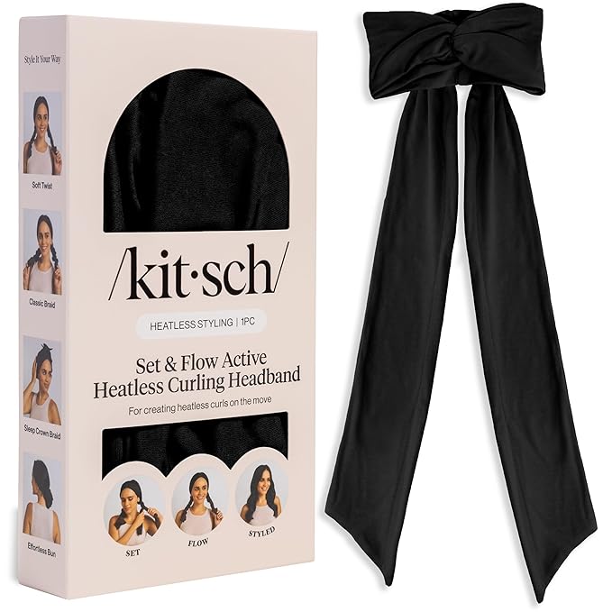 Kitsch Set & Flow Active Heatless Curling Headband For Women – Achieves Heatless Curls Overnight, No Heat Damage | Heatless Curlers with Flexible Fit | Great During Gym Sessions, Travel - Black, 1pc