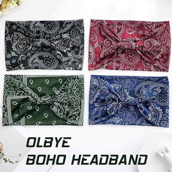 Olbye Wide Boho Headbands Floral Stretch Head Wraps Bohemian African Turban Hairbands Knotted Bandana Headband Yoga Running Head Scarfs Workout Hair Accessories for Women 4Pcs (Bohemian, 9.4 * 5.9'')