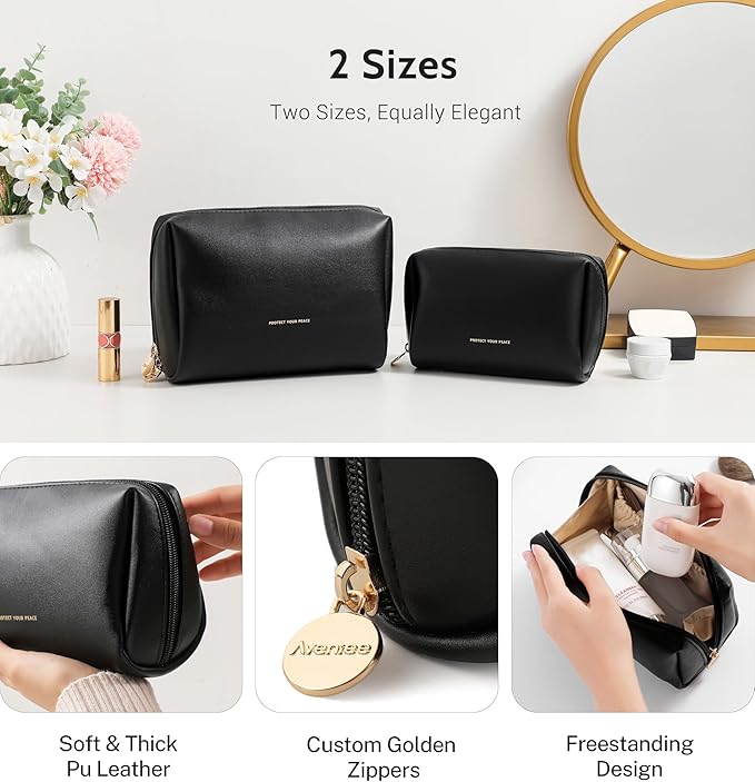 Aveniee Travel Makeup Bag Small, Vegan Leather Cosmetic Pouch for Purse, Wide-open Toiletry Organizer with Dividers & Zipper for Women-Black