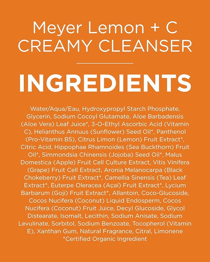 Andalou Naturals Brightening Meyer Lemon + Vitamin C Creamy Cleanser | Gentle Face Wash to Even Tone & Boost Glow | Aloe Vera & Natural Ingredients | For Dull Skin | 6 oz