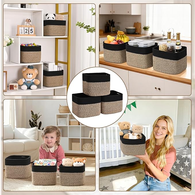 3 Pack Cube Storage Bin, 9”x9”x7” Cotton Rope Woven Baskets for Organizing Toys Clothes Towels, Square Gift Storage Baskets for Shelf, Nursery, Closet, Bathroom, Pantry (Black & Brown)