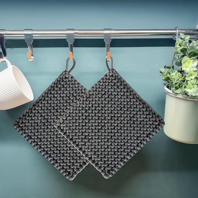 Eiyye Thick Crocheted Pot Holders, Handmade Hot Pads Crocheted Trivets for Kitchen hot Dishes(2-Pack), 8"x8" (Dark Grey)