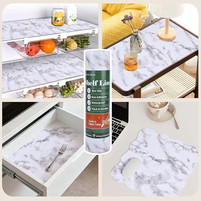 Shelf Liners for Kitchen Cabinets 12in x 20FT, Non Adhesive Drawer Liner Marble Pattern Thickened Shelf Liner Non-Slip Easy to Clean for Tool Box Refrigerator with Knife and Tape Measure