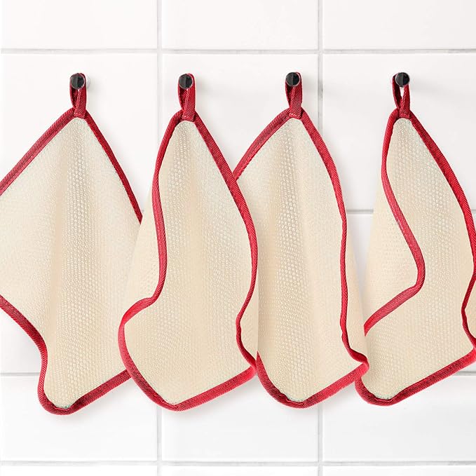 Tatuo 5 Pcs Exfoliating Face and Body Wash Cloths Towel Weave Bath Exfoliating Scrub Massage Bath Cloth for Women and Men, 10.63 x 9.05 Inch(Red Edge)