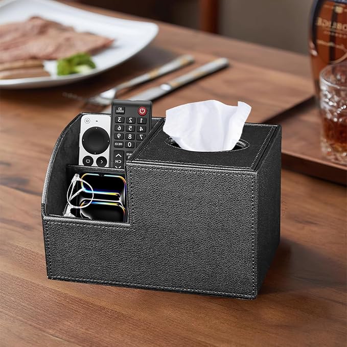 PU Leather Square Tissue Box Cover - Multi-Functional Tissue Box Holder, Tissue Box Cover with Storage,Tissue and Remote Control Holder, Cube Tissue Box Organizer Bedroom Nightstand End Table