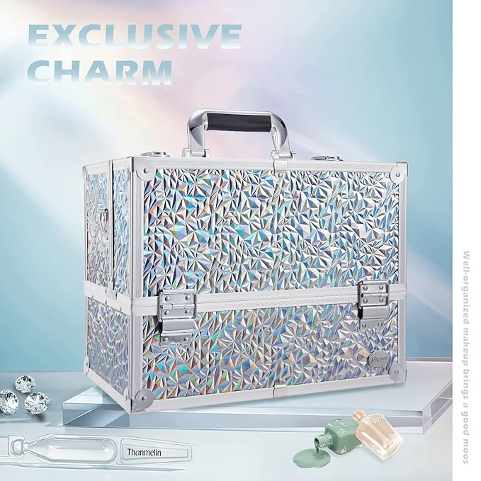 Joligrace Makeup Train Case Large 6 Tray Professional Organizer Box - Cosmetic Make Up Carrier with Lock & Key Carrying Strap for Studio Artist & Stylist Silver - Holographic Iridescent Style