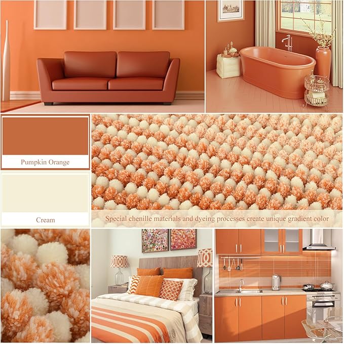 BSICPRO Bath Mat, Non Slip 20 x 32 Inches Water Absorbent Chenille Bathroom Floor Mat Machine Washable (Pumpkin Orange)