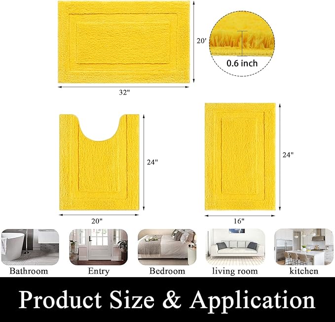 SHACOS Yellow Fall Bathroom Rugs Sets 3 Piece, 16"x24" + 20"x32" Non Slip Bath Mat and 20"x24" Toilet Rugs U Shaped Washable, Soft Fluffy Water Absorbent Bath Rugs for Bathroom