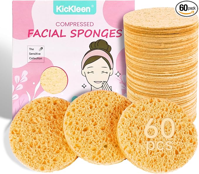 60-Count Compressed Facial Sponges|100% Natural Kickleen Cellulose Cosmetic Spa Sponges for Daily Facial Cleansing|Makeup and Mask Removal | Exfoliating | Skin Massage | Pore Exfoliation (Yellow)