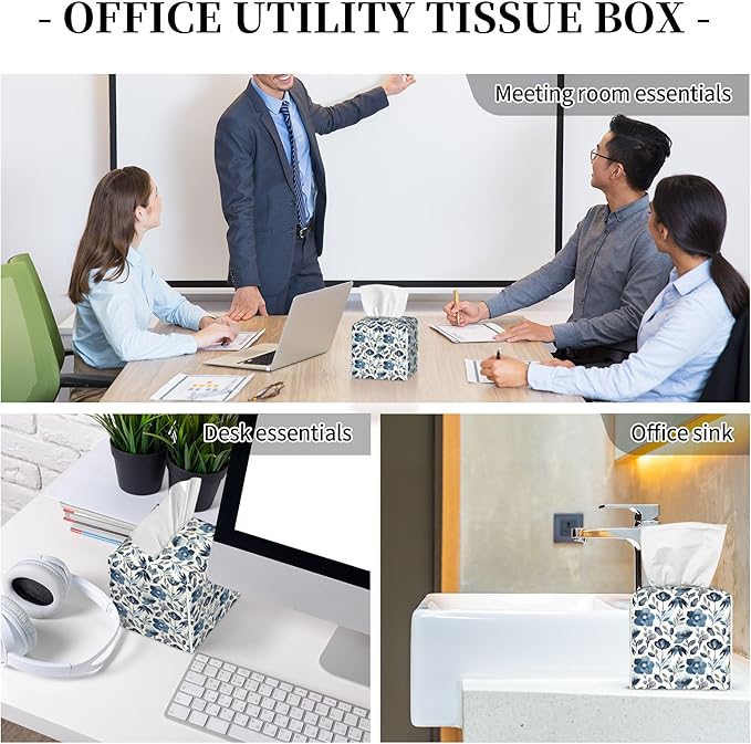 Watercolor Blue Floral Tissue Box Cover Square,Blue Flowers and Leaves Tissue Box Holder Waterproof Leather Facial Paper Organizer Dispenser for Bathroom Home Car Nightstand Vanity Desk