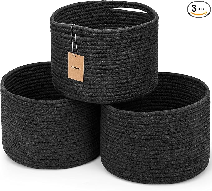 Small Rope Baskets for Storage, Baskets for Gifts Empty, Cute Round Woven Basket, Decorative Shelf Baskets 9.82×9.82×7.1", Cotton Toy Basket Storage Bins for Organizer-Black