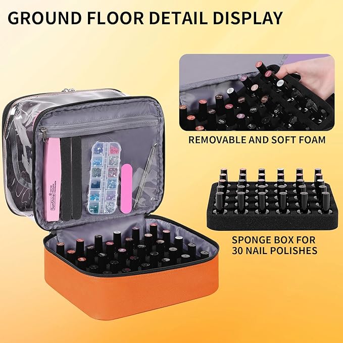 Clear Nail Polish Organizer, Double-Layer Nail Polish Bag Organizer Case Holds 30 Bottles and Nail Dryer, Nail Organizers and Storage for Manicure Tools-Orange