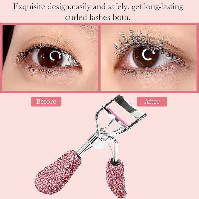 Pink Eyelash Curlers with Slant Tip Tweezer Pink Bling Crystal Rhinestone Eyelashes Curls for Dramatic Long Lasting Seamless Brilliant Eyes, Best Bedazzled Makeup Stuff Things For Mascara Asian Beauty