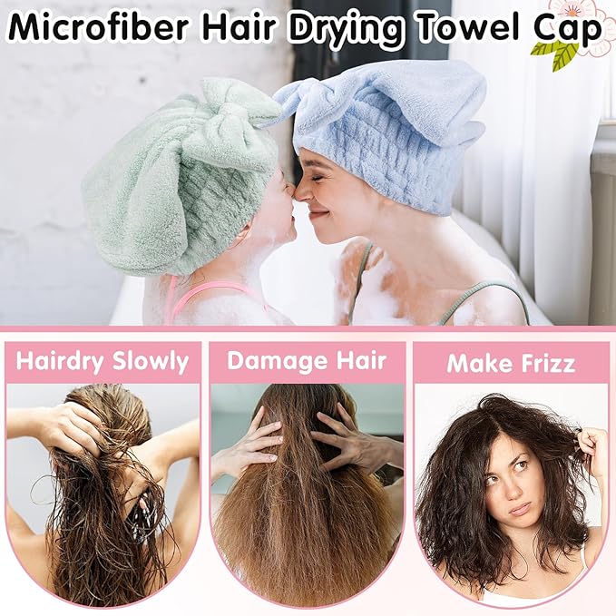 4 Pack Microfiber Hair Towel Cap,Super Absorbent Hair Towel Wrap Drying Hair Cap,Soft Microfiber Hair Drying Towel Cap with Bow-Knot,Anti Frizz Hair Turban Wrap for Curly Long Wet Hair