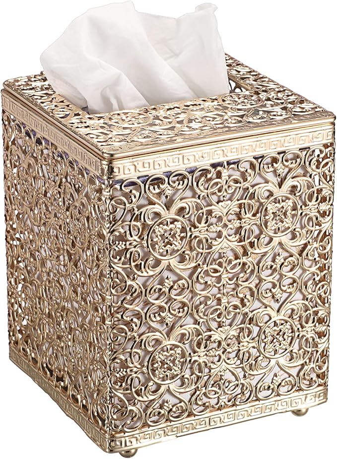 Sumnacon Tissue Box Cover Square Tissue Box with Lid, Metal Tissue Box Holder Stylish Tissue Cover Cube Tissue Box Cover for Bathroom Toilet Kitchen Table Desk Home Office, Gold