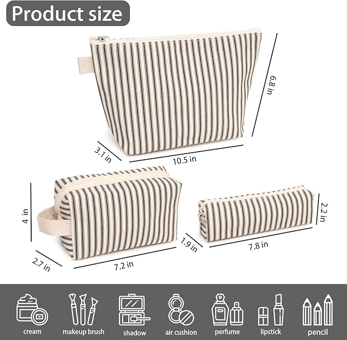 3 Pcs Canvas Makeup Bag Set Cosmetic Pouch for Women Travel Toiletry Bag Cute Makeup Organizer Purse Pouch Preppy Pencil Case with Zipper (Black Pinstripes)