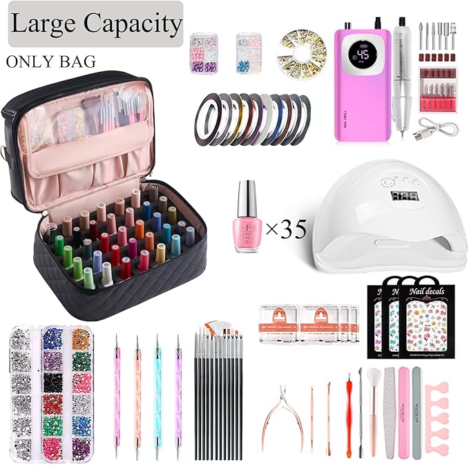 CTWWFS Nail Polish Organizer Holds 35 Bottles & Nail Lamp, Nail Organizers and Storage, Double Layer Nail Bag with Handle & Shoulder Strap for Travel, Nail Supplies Organizer for Manicure Kit (Black)