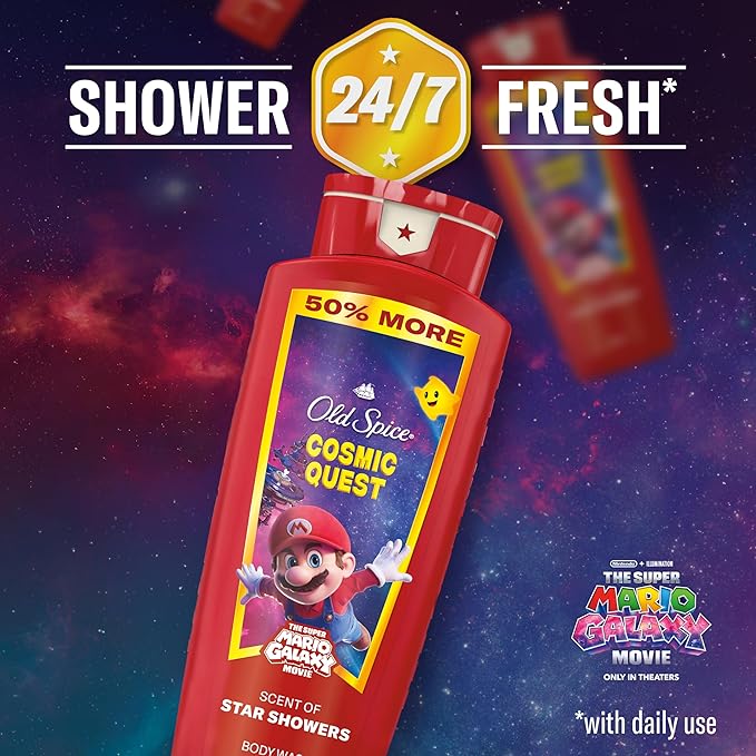Old Spice Body & Face Wash for Men, x The Super Mario Galaxy Movie, 3X Defense, 24/7 Shower Fresh with Long Lasting Scent, Smell Super with Cosmic Quest, Star Showers Scent, 24 oz