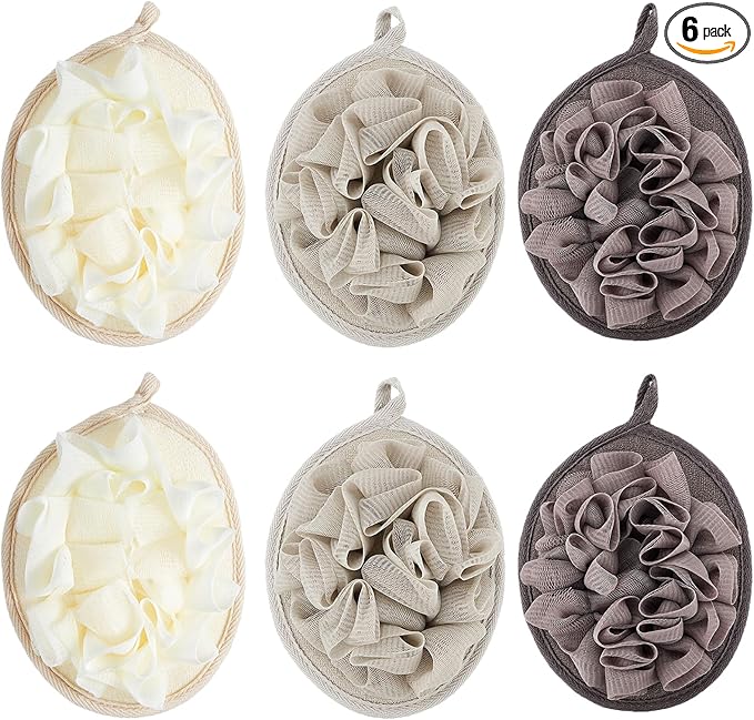 Boao 6 Pcs Bath Shower Pouf Sponge Mesh Pouf Shower Ball Exfoliating Body Sponge Pad Scrubber Glove with Flower Bath Ball (Khaki,Dark Brown,Beige)