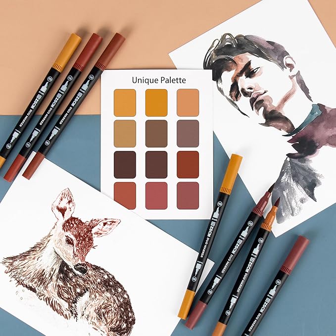 Brown Duo Tip Marker Pens, 12 Pack Fine & Brush Markers for Adult Coloring Books No Bleeding, Earth Brown Markers for Wood Texture, Animal Fur, Vintage Effects and Antique Coloring