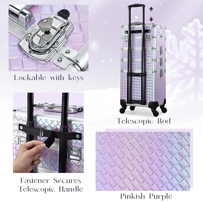 Stagiant Rolling Makeup Case Cosmetology Case on Wheels 4 in 1 Makeup Travel Case Extra Large Cosmetic Box with Key Make Up Artist Traveling Storage Nail Case Salon Barber Cart Trunk Pinkish Purple