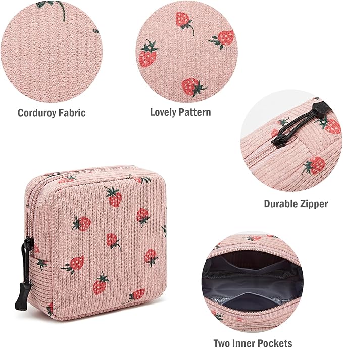 Small Makeup Bag for Purse,Mini Cosmetics Bag cute Zipper corduroy Cosmetic Pouch Storage Pouch Travel Toiletry Organizer for Women Girls(Strawberry,Pink)