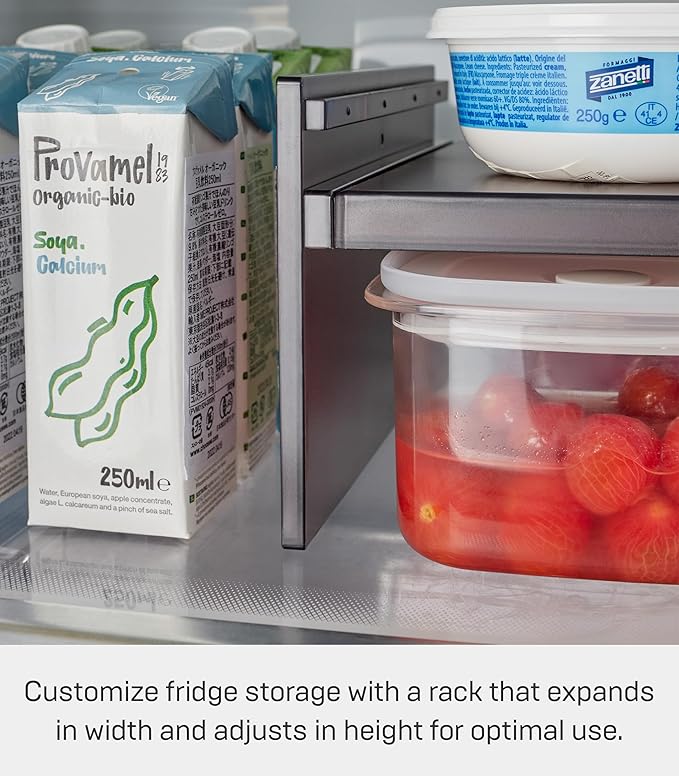 Yamazaki Home Tower Adjustable Extendable Refrigerator Storage Rack - 2-Level Height Adjustable Shelf For Fridge Organization - Customizable Width, Easy Assembly, Fits 2L Bottles - Plastic -