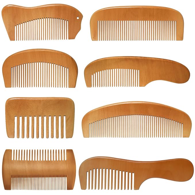 8 Pieces Wooden Comb for Men Wide Wooden Beard Handmade Anti Static Fine Teeth Combs No Snag Brush for Beard, Hair, Mustache