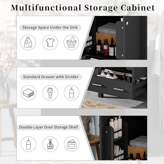 Bellemave 24" Bathroom Vanity with Sink Combo Set, Solid Wood Frame Bathroom Storage Cabinet with a Drawer, 2 Soft Closing Cabinet Doors with Organizer, Black