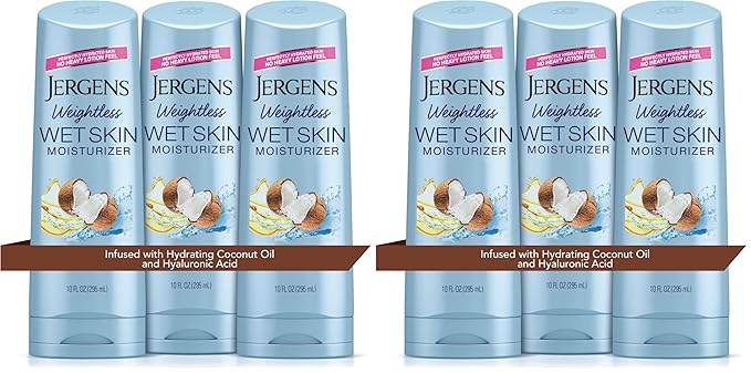 Jergens Wet Skin Body Moisturizer with Coconut Oil,In Shower Lotion for Dry Skin,Fast-Absorbing,Non-Sticky,Dermatologist Tested,10 Oz,(Pack of 6)