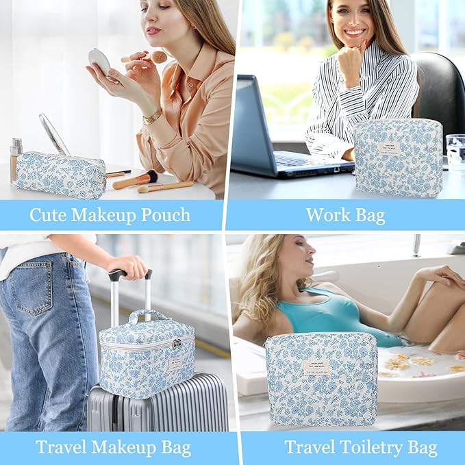 Quilted Makeup Bag Set, 3pc Large Floral Cosmetic Bag for Women, Cute Cotton Makeup Bags, Flower Travel Toiletry Organizer Bag (Blue Small Sheep)