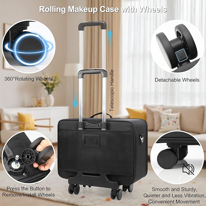 MONSTINA Rolling Makeup Train Case, Beauty Hairdresser Bag and Cosmetology Case on Wheels Makeup Artist Bag Hairstylist Cosmetic Organizer Storage Bag with 4 Bag (Black+Hairdressing Bag)