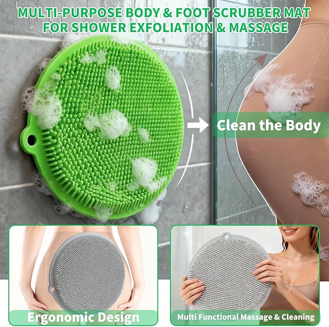 2 Pack Shower Foot Scrubber & Shower Back Scrubber Wall Mounted with Delicate Brush,Gentle Exfoliation Non-Slip Foot Scrubber Mat (Gray and Green)