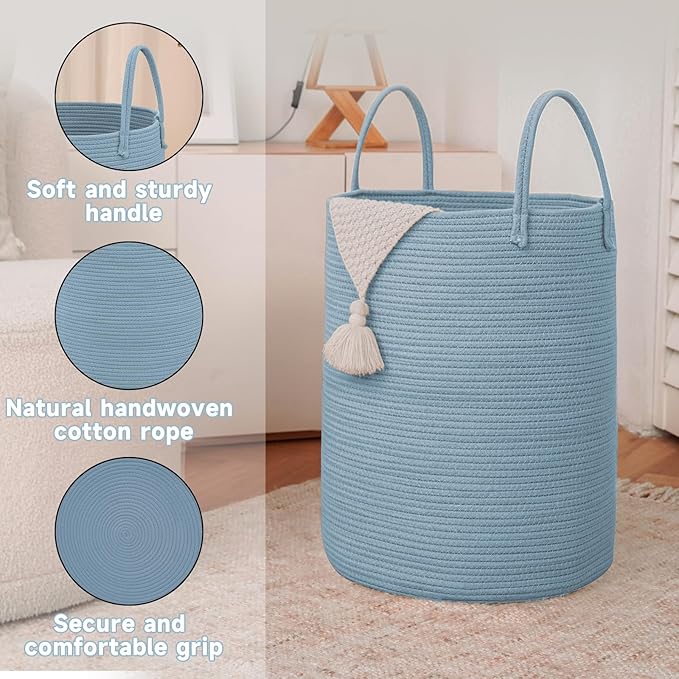 Large Woven Laundry Basket Hamper,60L Cotton Rope Storage Bin for Blankets,Toys and Clothes,Decorative Tall Nursery Hamper for Living Room,Baby Nursery,Bathroom and Bedroom,Blue