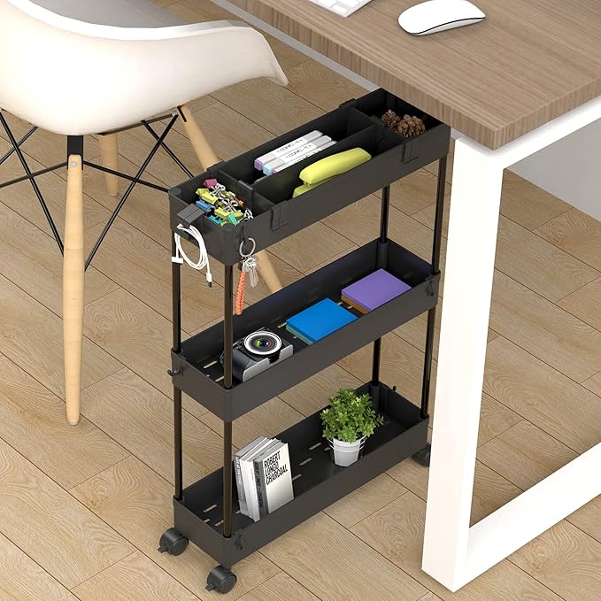SPACELEAD Slim Storage Cart 3 Tier,Bathroom Organizer Rolling Utility,Mobile Shelving Unit Slide Out for Office, Kitchen, Laundry Room & Narrow Places,Black
