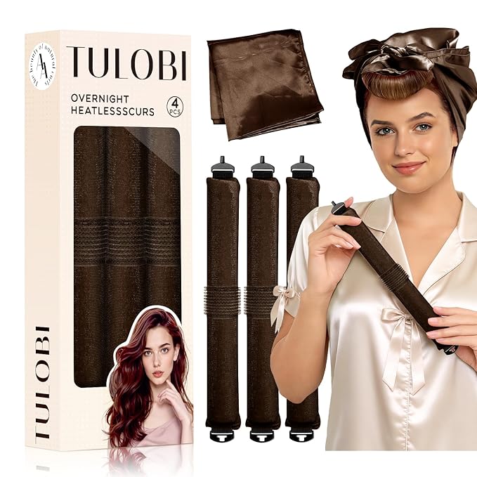TULOBI 3 Pcs Heatless Curls Overnight - Upgraded Velvet Heatless Hair Curler with Velcro Fastener, Overnight Jumbo Blowout Rods, Hair Curlers to Sleep in for All Hair Types (Brown)