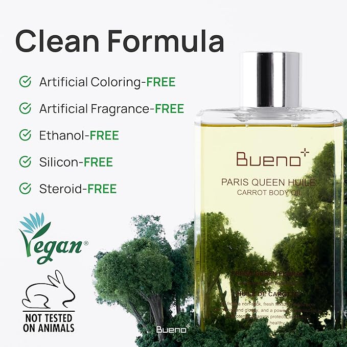 Bueno+ PARIS QUEEN HUILE CARROT BODY OIL | Hydrates & Protects Skin with Carrot Extract, Beta-Carotene | Protective Nutrition Supply Moisturizing Elasticity Dry Moisture | 6.7 Fl Oz