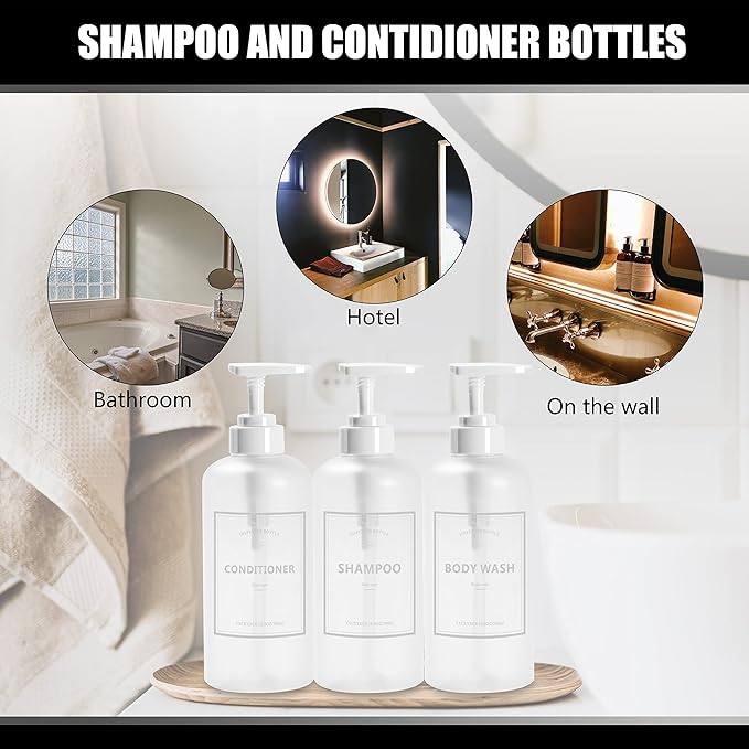 Shampoo Bottles Refillable with Pump, YACEYACE 3Pcs 16.9oz Matt Clear Empty Shampoo Dispenser, Shower Soap Dispenser, Refillable Shower Bottles with Labels, Conditioner Dispenser