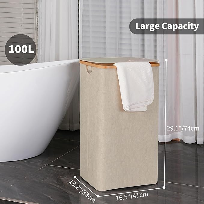 efluky 26 Gal Laundry Basket with Lid and Net Bag, Tall Laundry Hamper with Bamboo Handles, Aesthetic Dirty Clothes Bin for Laundry Room, Bathroom, Bedroom and Dorm, Oatmeal