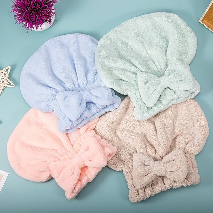 4 Pack Microfiber Hair Towel Cap,Super Absorbent Hair Towel Wrap Drying Hair Cap,Soft Microfiber Hair Drying Towel Cap with Bow-Knot,Anti Frizz Hair Turban Wrap for Curly Long Wet Hair