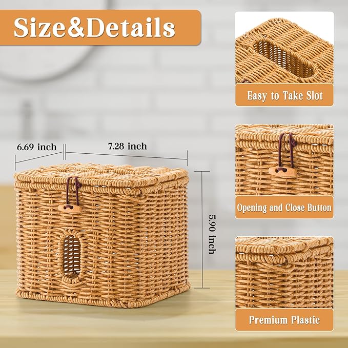 Facial Clean Skin Club Face Towels Holder for Bathroom, Plastic Rattan Disposable Face Towel Holder, Farmhouse Style for XL Face Towels Box Basket with Lid, Light Brown