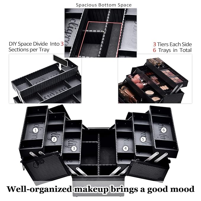 Joligrace Makeup Train Case Professional Adjustable - 6 Trays Cosmetic Cases Makeup Storage Organizer Box with Lock and Compartments 14 Inch Large Black