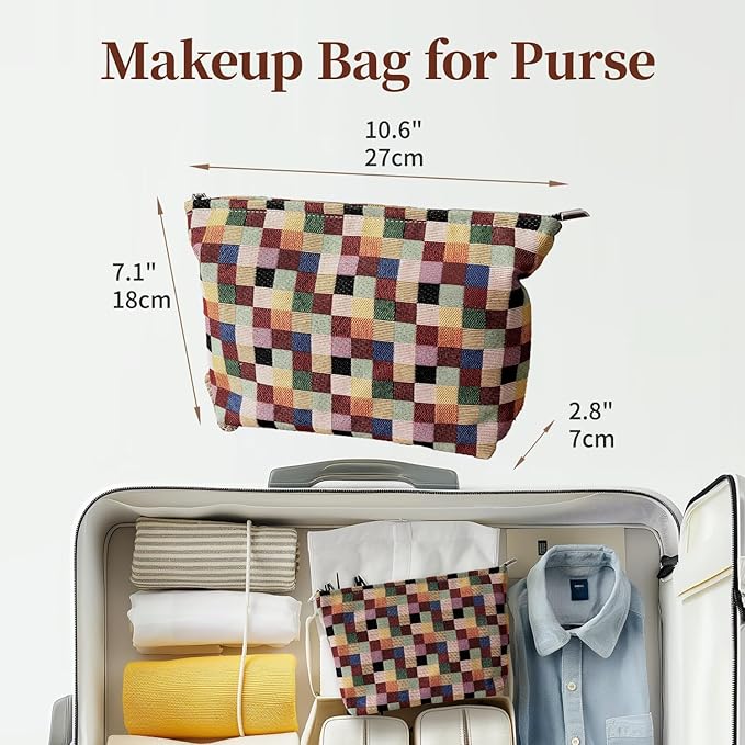Stylish Checkered Makeup Bag for Woemn, Travel Cosmetic Car Organizer, Tartan Cosmetic Bag, Colorful Squares Zipper Canvas Pouch, Plaid Makeup Pouch for Purse, Gingham Make up Bag, Coquette Gifts