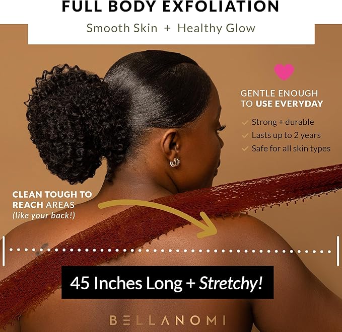 BELLANOMI African Exfoliating Net Sponge, Authentic, Ethically sourced from Nigeria, 45 inches Long, Back Scrubber for Daily use (Copper Brown)