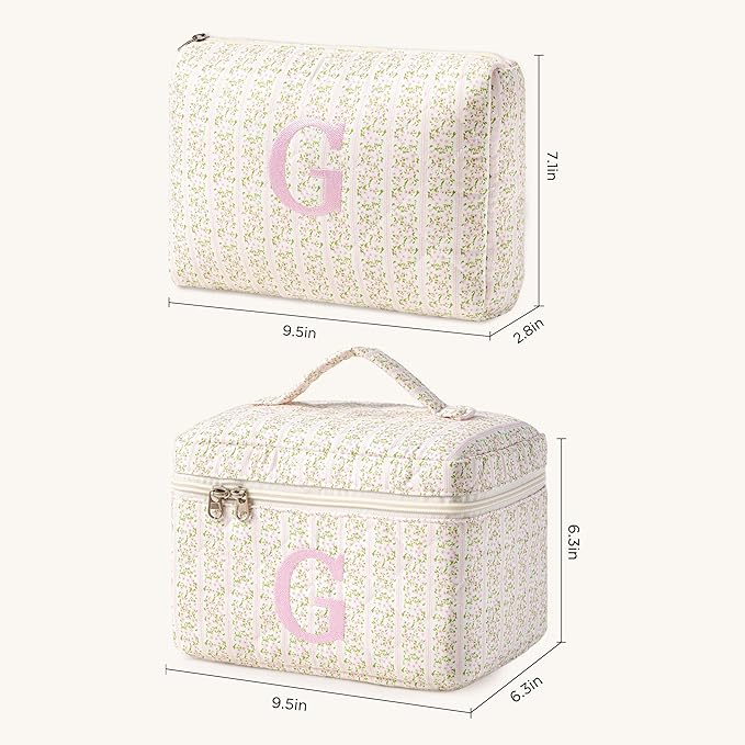 HBselect 2Pcs Initial Quilted Makeup Bag, Pink Cosmetic Travel Toiletry Bag, Flowers Coquette Zipper Make Up Pouch Organizer Teen Girl Gift Trendy Stuff G