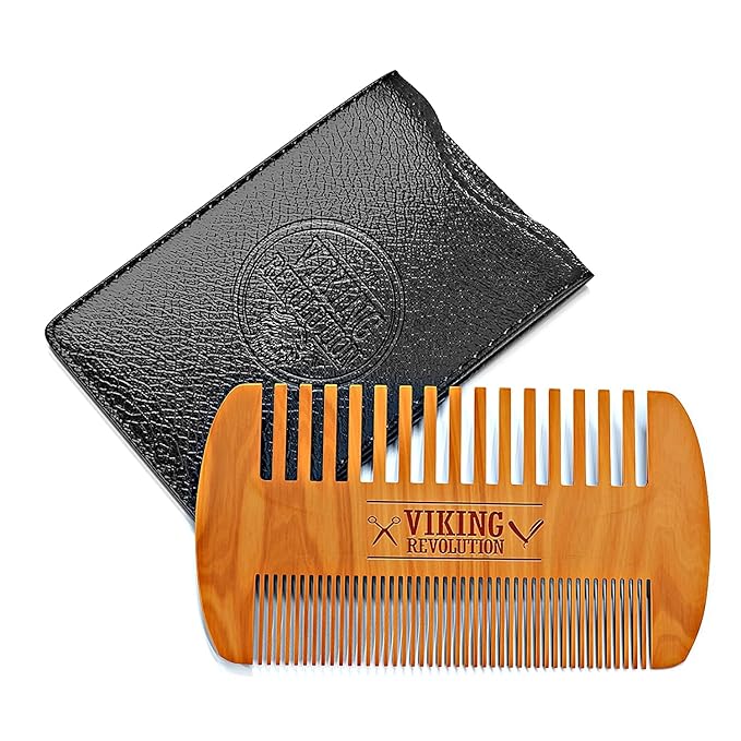 Wooden Beard Comb & Case, Dual Action Fine & Coarse Teeth, Perfect for use with Balms and Oils, Top Pocket Comb for Beards & Mustaches by Viking Revolution